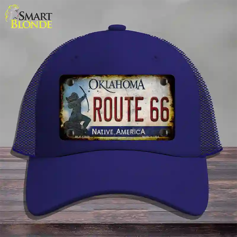 Route 66 Oklahoma Rusty Novelty License Plate Hat Mesh / Royal Blue