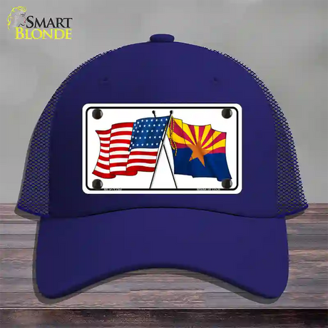 Arizona American Crossed Flags Novelty License Plate Hat Mesh / Royal Blue