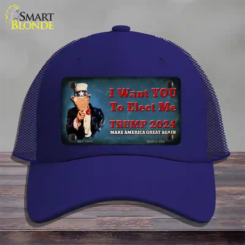 I Want You to Elect Me Trump 2024 Novelty License Plate Hat Mesh / Royal Blue