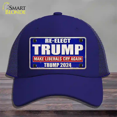 Re-Elect Trump 2024 Blue Novelty License Plate Hat Mesh / Royal Blue