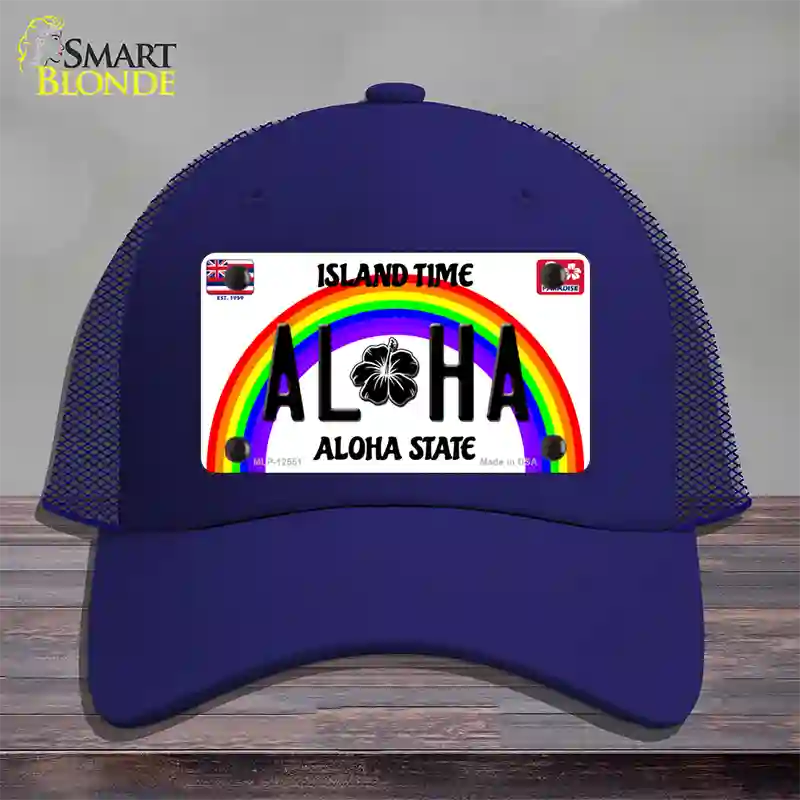 Aloha Hawaii Island Time Novelty License Plate Hat Mesh / Royal Blue