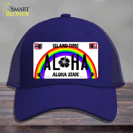 Aloha Hawaii Island Time Novelty License Plate Hat Mesh / Royal Blue