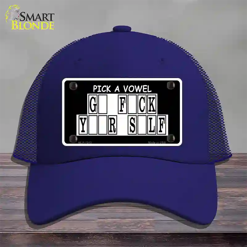 Pick A Vowel Novelty License Plate Hat Mesh / Royal Blue