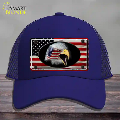 American Flag Eagle Novelty License Plate Hat Mesh / Royal Blue