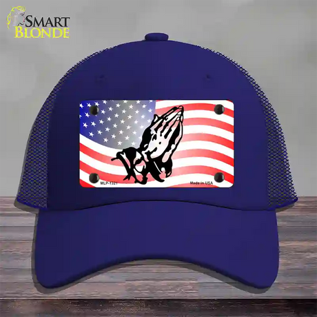 American Flag Praying Hands Novelty License Plate Hat Mesh / Royal Blue