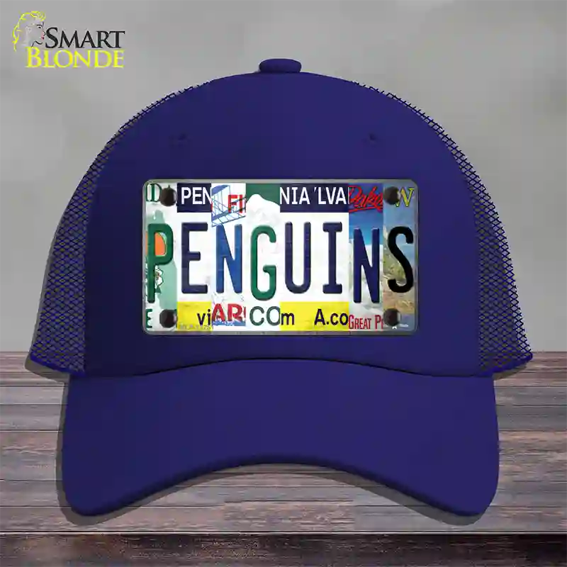 Penguins Strip Art Novelty License Plate Hat Tag Mesh / Royal Blue