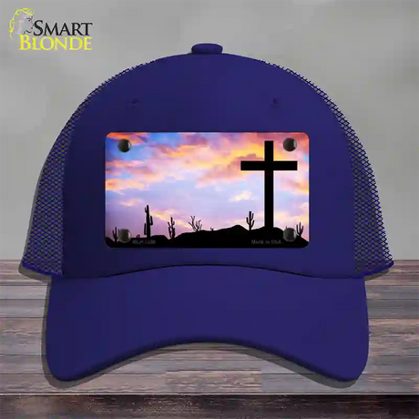 Cross Sunrise Photograph Novelty License Plate Hat Mesh / Royal Blue