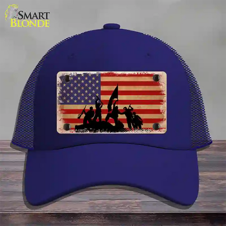 Grunge American Flag with Soldiers Novelty License Plate Hat Tag Mesh / Royal Blue