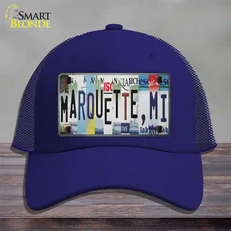 Marquette MI Strip Art Novelty License Plate Hat Tag Mesh / Royal Blue