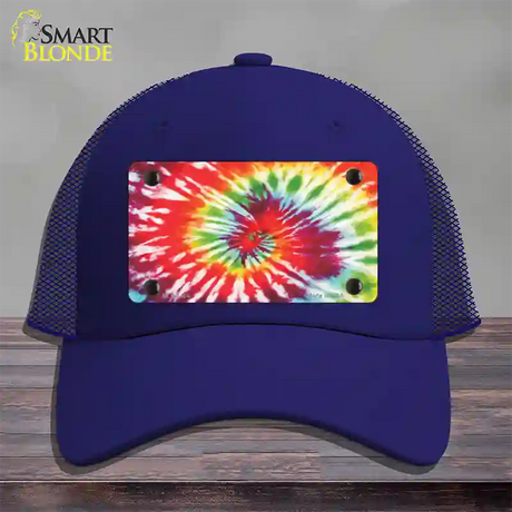 Red Swirl Tie-Dye Novelty License Plate Hat Mesh / Royal Blue