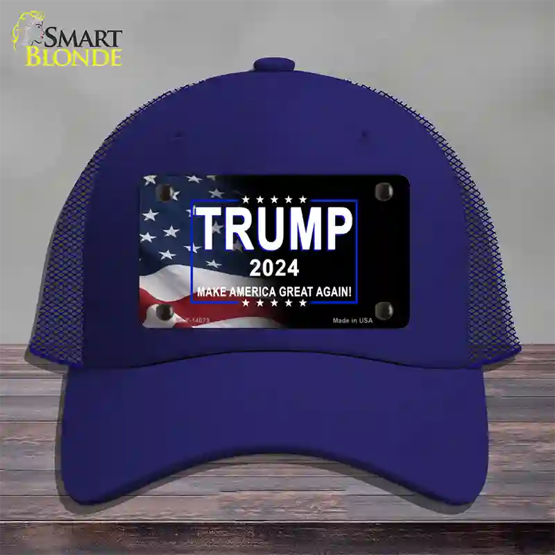 Trump 2024 Flag | Black Novelty License Plate Hat Mesh / Royal Blue