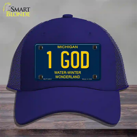 1 God Michigan Blue Novelty License Plate Hat Mesh / Royal Blue