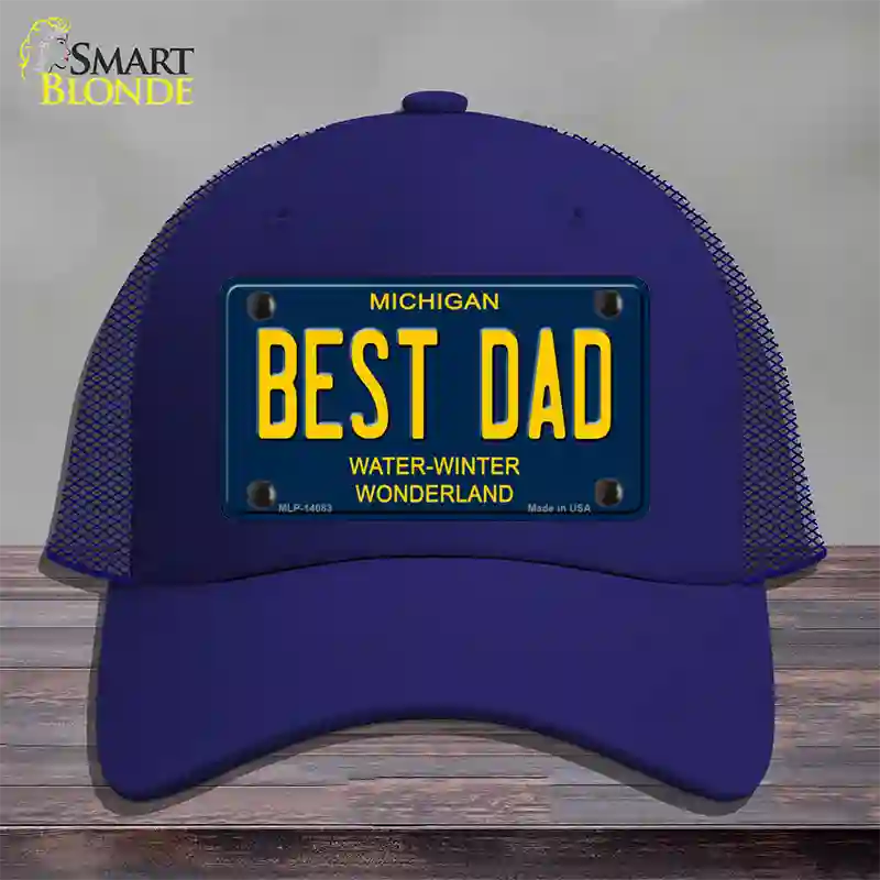 Best Dad Michigan Blue Novelty License Plate Hat Mesh / Royal Blue