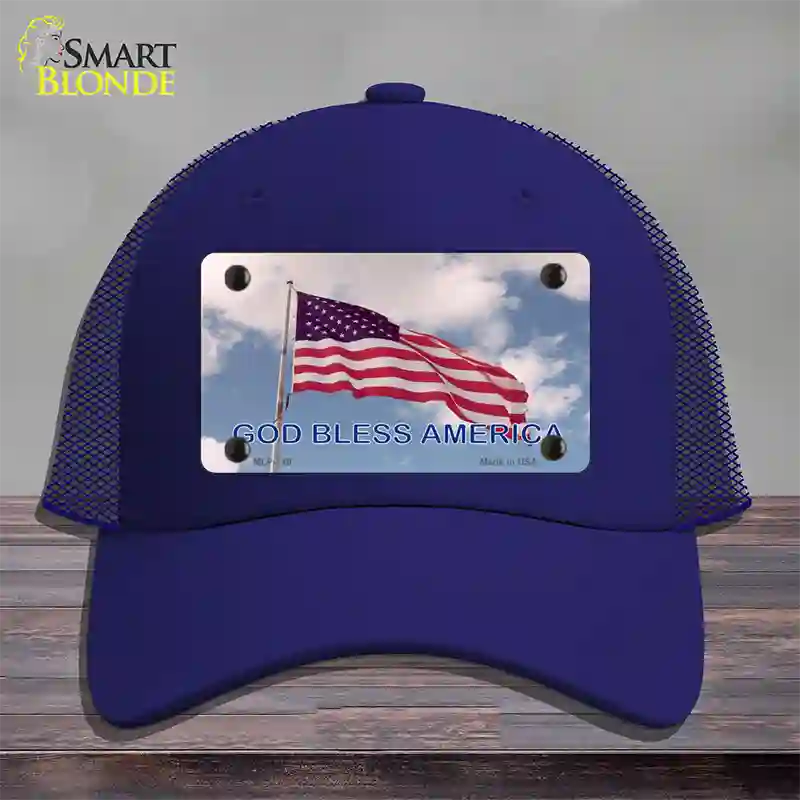 God Bless America Clouds Novelty License Plate Hat Mesh / Royal Blue