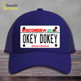 Okey Dokey Wisconsin State Background Novelty License Plate Hat Mesh / Royal Blue