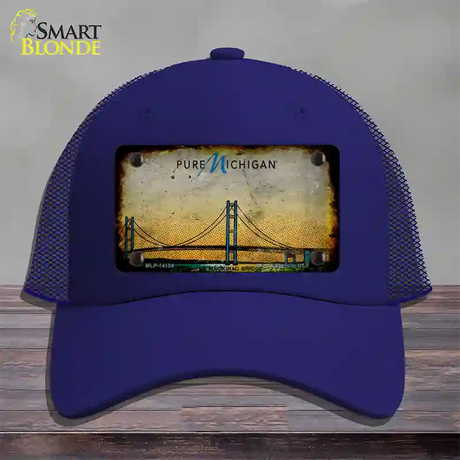 Pure Michigan Mackinac Bridge Rusty Novelty License Plate Hat Mesh / Royal Blue