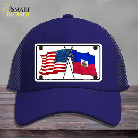 Haiti Crossed US Flag Novelty License Plate Hat Mesh / Royal Blue