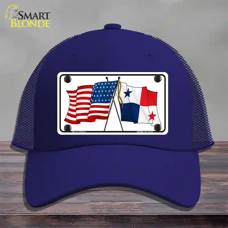 Panama Crossed US Flag Novelty License Plate Hat Mesh / Royal Blue