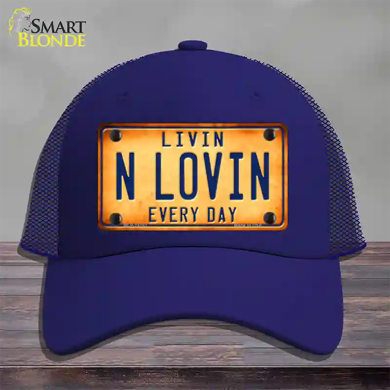 Livin N Lovin Everyday Novelty License Plate Hat Mesh / Royal Blue