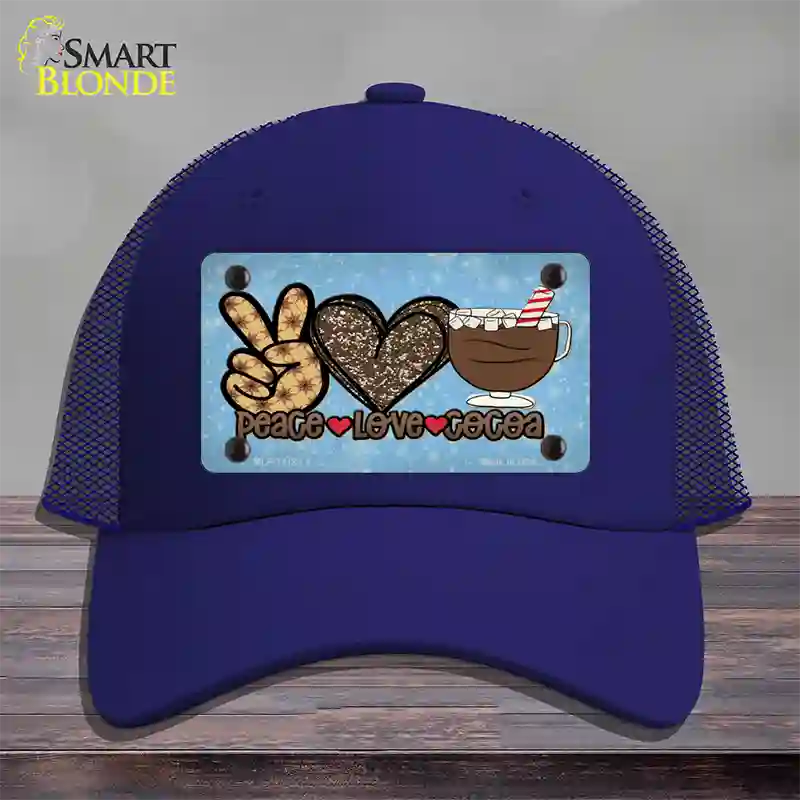 Peace Love Cocoa Novelty License Plate Hat Mesh / Royal Blue