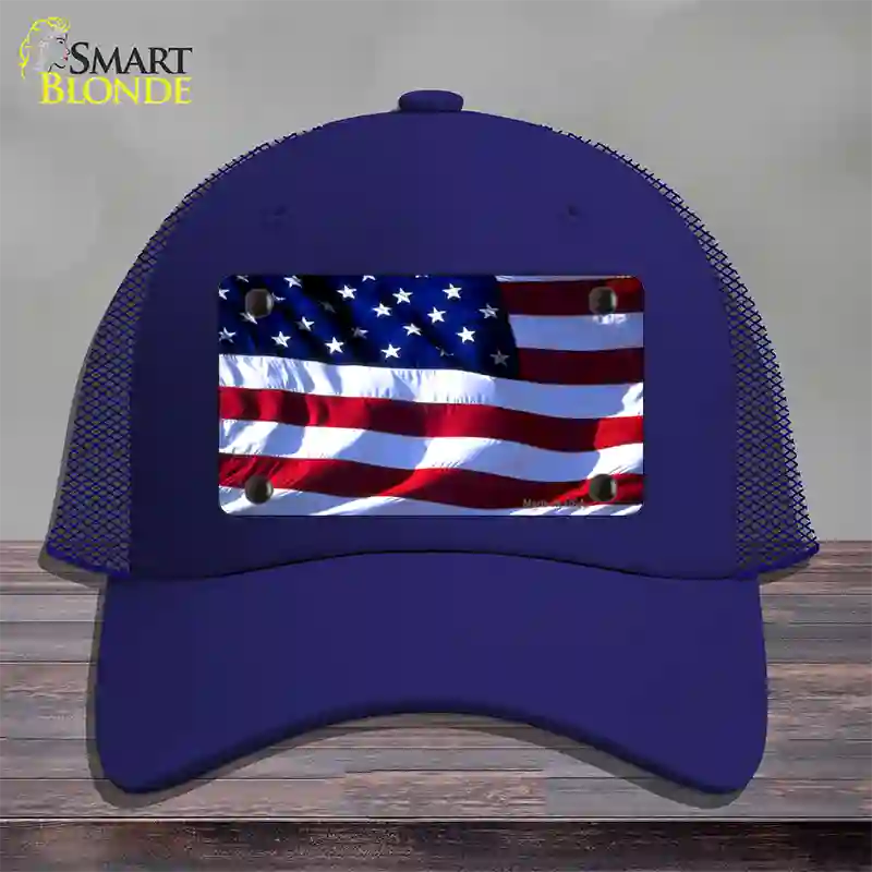 American Flag Wavy Novelty License Plate Hat Mesh / Royal Blue