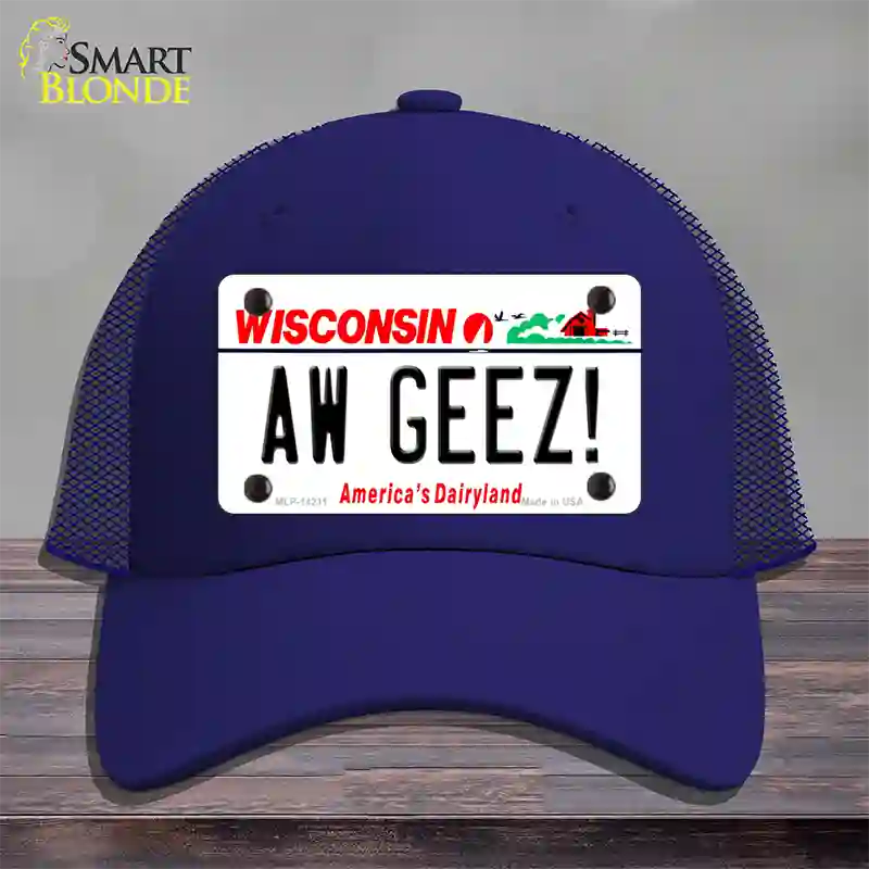 Aw Geez Wisconsin Novelty License Plate Hat Mesh / Royal Blue