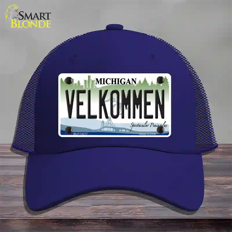 Velkommen Michigan Novelty License Plate Hat Mesh / Royal Blue