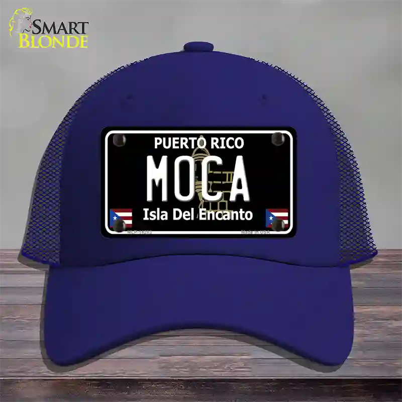 Moca Puerto Rico Black Novelty License Plate Hat Mesh / Royal Blue