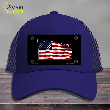 Waving American Flag Black Novelty License Plate Hat Mesh / Royal Blue