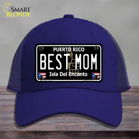 Best Mom Puerto Rico Black Novelty License Plate Hat Mesh / Royal Blue