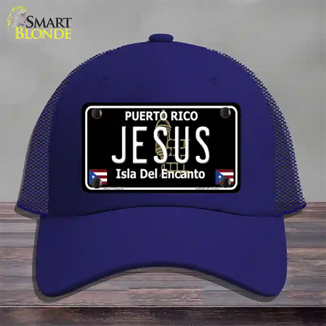 Jesus Puerto Rico Black Novelty License Plate Hat Mesh / Royal Blue