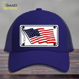 American Flag Waving White Novelty License Plate Hat Mesh / Royal Blue