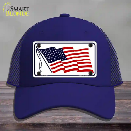 American Flag Waving White Novelty License Plate Hat Mesh / Royal Blue