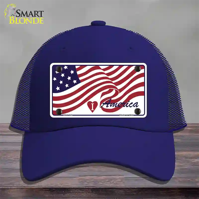 I Love America Flag Novelty License Plate Hat Mesh / Royal Blue