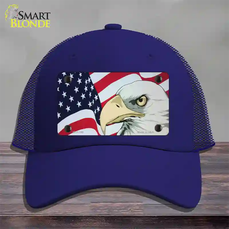 American Flag With Eagle Novelty License Plate Hat Mesh / Royal Blue