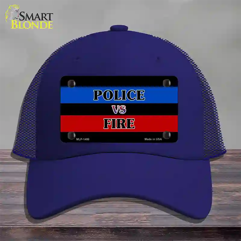 Police Vs. Fire Novelty License Plate Hat Mesh / Royal Blue