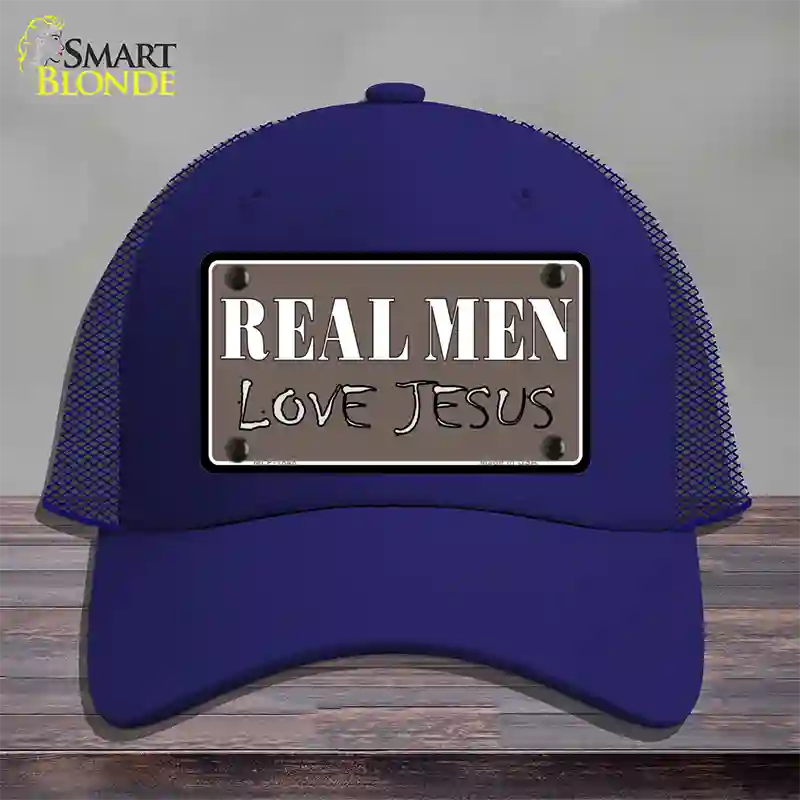 Real Men Love Jesus Novelty License Plate Hat Mesh / Royal Blue