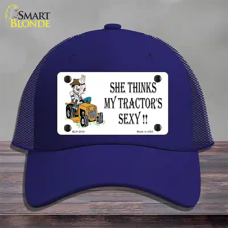 She Thinks My Tractors Sexy White Novelty License Plate Hat Mesh / Royal Blue