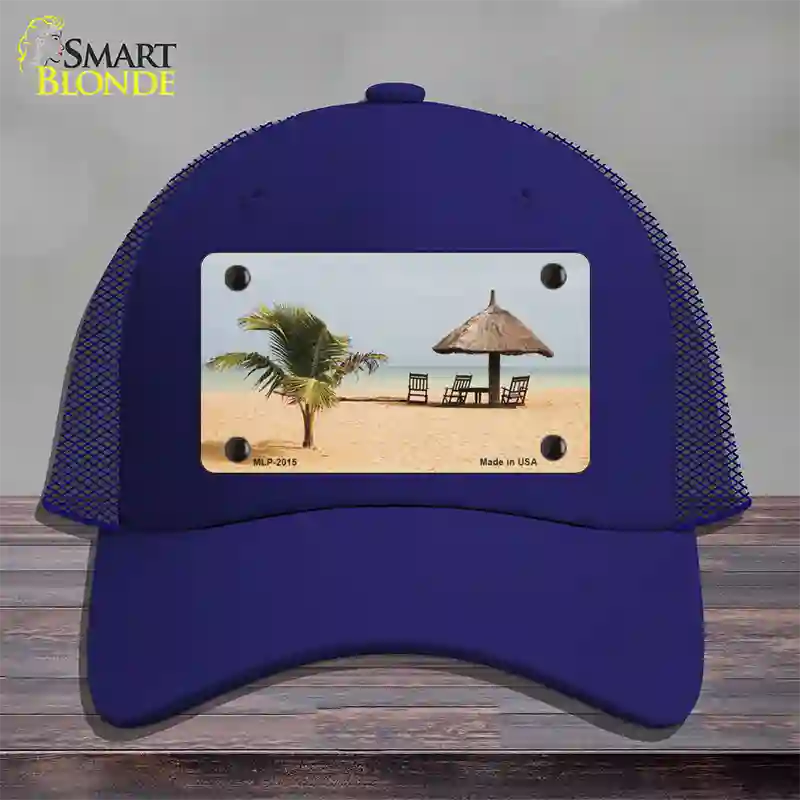 Tropical Beach Setting Novelty License Plate Hat Mesh / Royal Blue