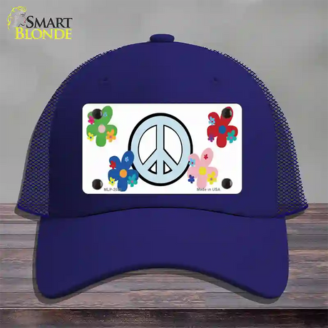 Peace Sign and Flowers Novelty License Plate Hat Mesh / Royal Blue