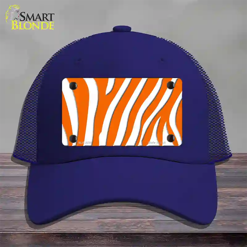 Orange White Zebra Novelty License Plate Hat Mesh / Royal Blue