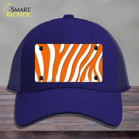 Orange White Zebra Novelty License Plate Hat Mesh / Royal Blue