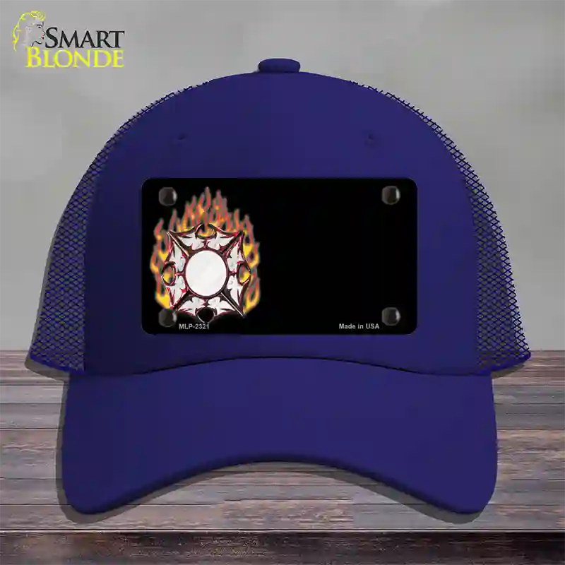 Fire Cross Offset Flat Novelty License Plate Hat Mesh / Royal Blue