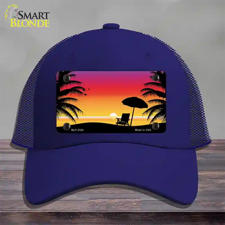 Sunset Beach Novelty License Plate Hat Mesh / Royal Blue