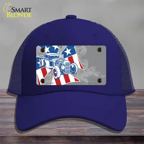 Retro Rod Offset Novelty License Plate Hat Mesh / Royal Blue