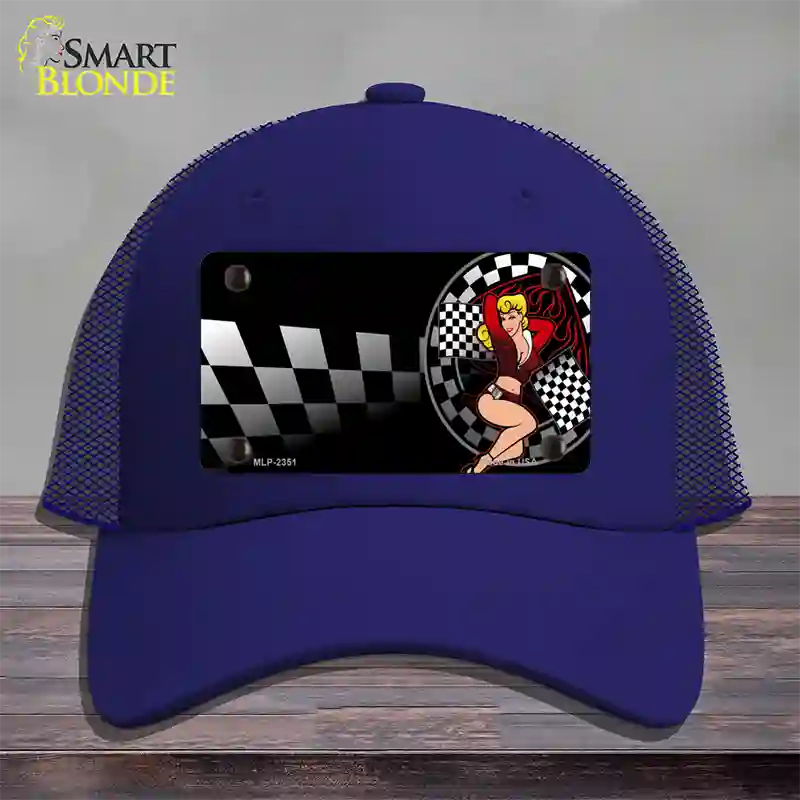 Racing Pin Up Girl Novelty License Plate Hat Mesh / Royal Blue