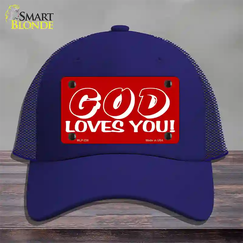 God Loves You Novelty License Plate Hat Mesh / Royal Blue