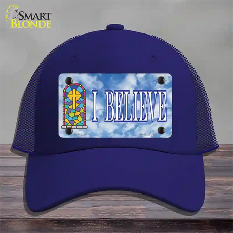 I Believe Novelty License Plate Hat Mesh / Royal Blue