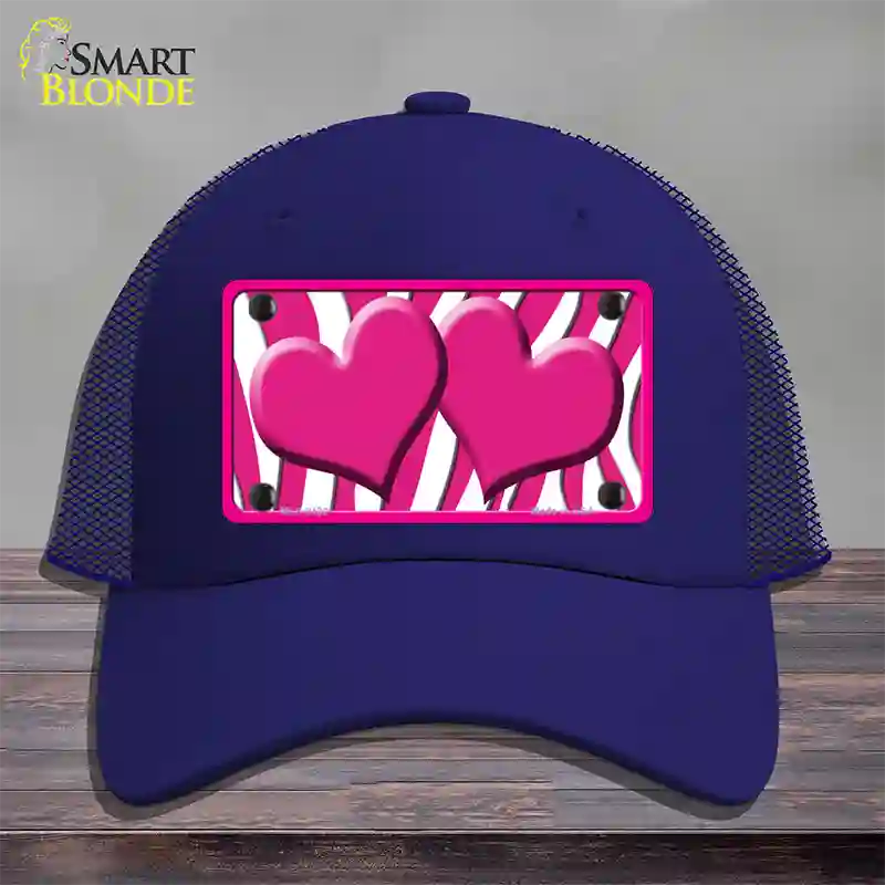 Hot Pink White Zebra Hot Pink Centered Hearts Novelty License Plate Hat Mesh / Royal Blue