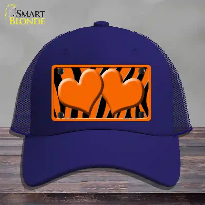 Orange Black Zebra Orange Centered Hearts Novelty License Plate Hat Mesh / Royal Blue